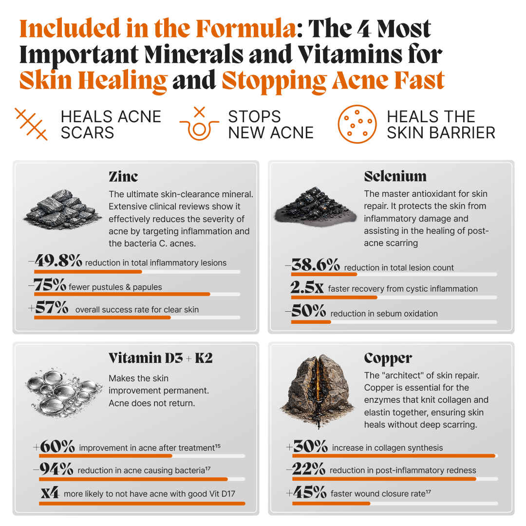 Infographic on key minerals in the female gut system: zinc, selenium, vitamin D3, K2 and copper