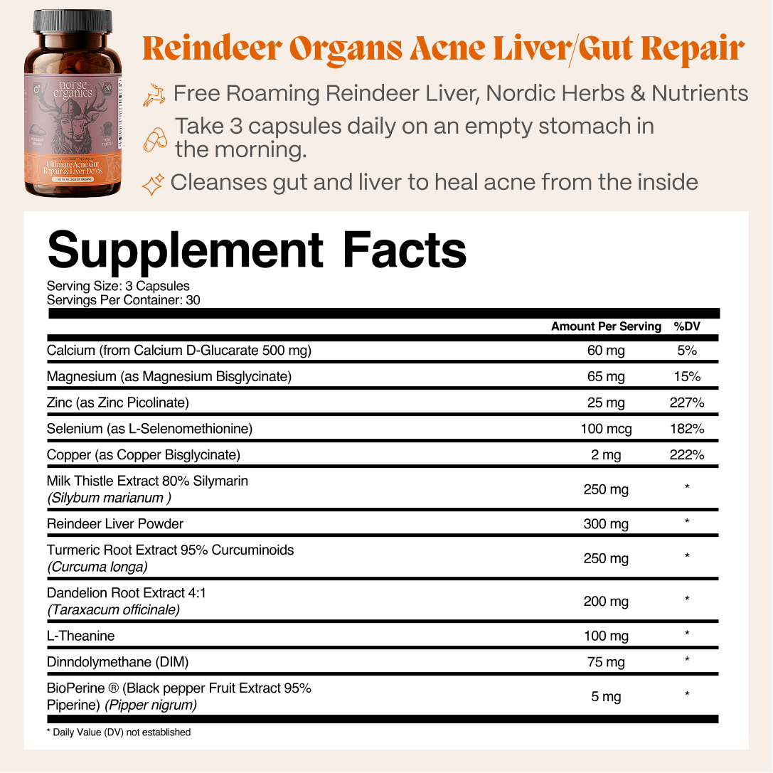Supplement Facts panel for Norse Organics Reindeer Organs Acne Liver & Gut Repair capsules