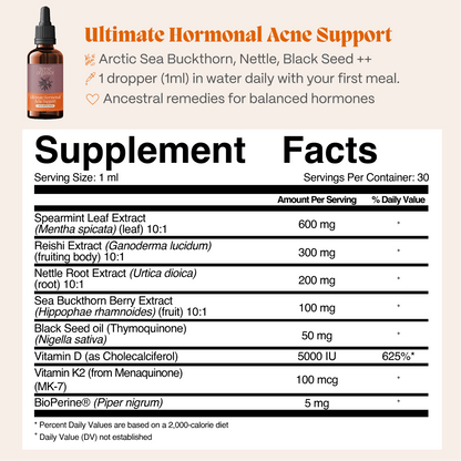 Supplement Facts panel for Norse Organics Ultimate Hormonal Acne Support tincture