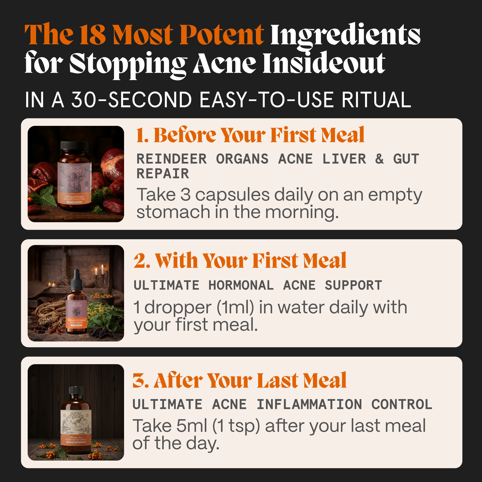 Three-step daily ritual graphic for the female gut repair and hormonal balance acne system