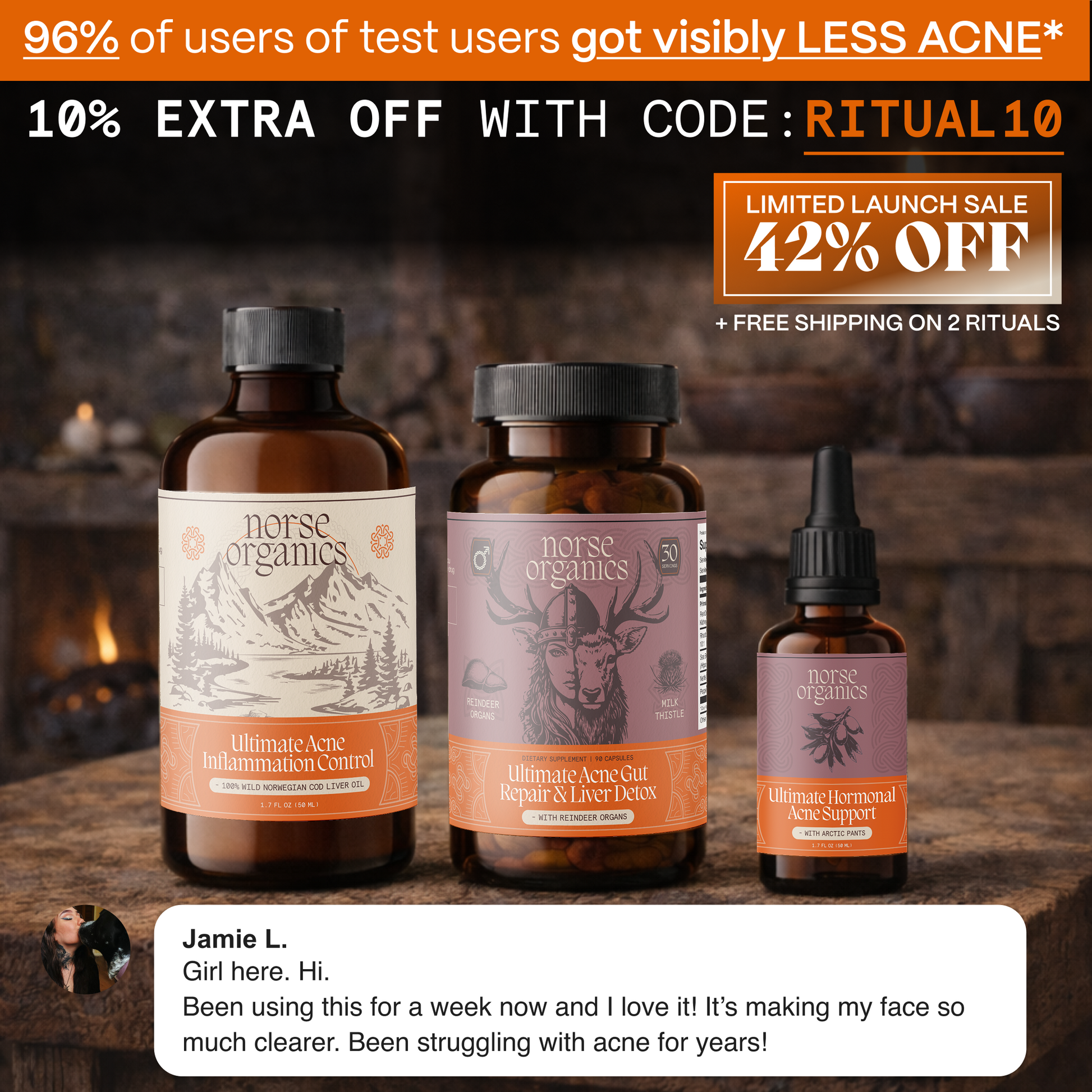 Three Norse Organics supplement bottles in the female gut repair and hormonal balance system, with a testimonial
