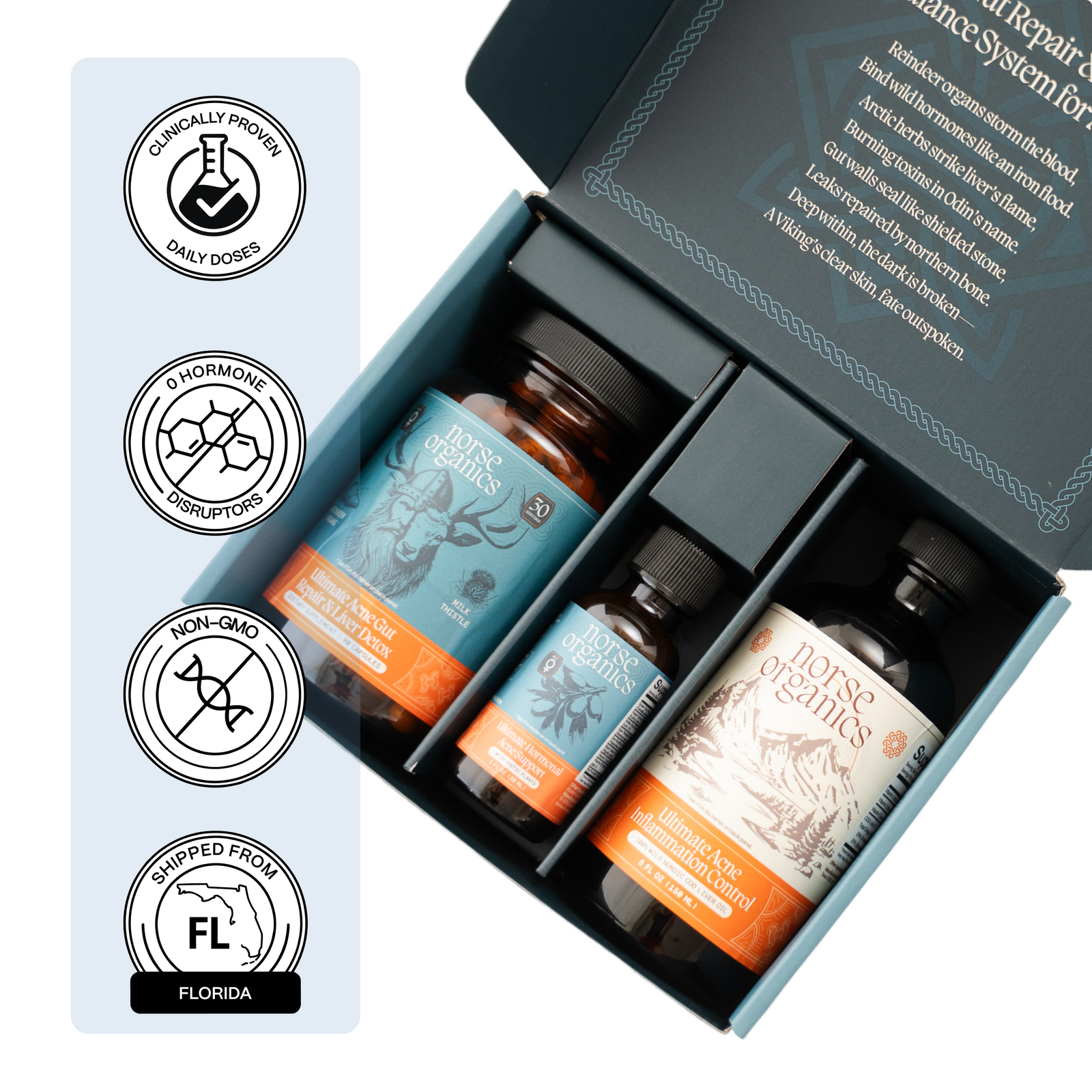 Open Norse Organics gift box holding the three male acne system supplement bottles