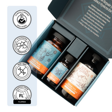 Open Norse Organics gift box holding the three male acne system supplement bottles