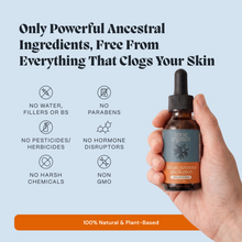 Hand holding Ultimate Hormonal Acne Support dropper beside a free from ingredients graphic