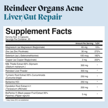 Supplement facts panel for Ultimate Acne Gut Repair and Liver Detox capsules