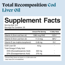 Supplement facts panel for Norse Organics Total Recomposition Cod Liver Oil