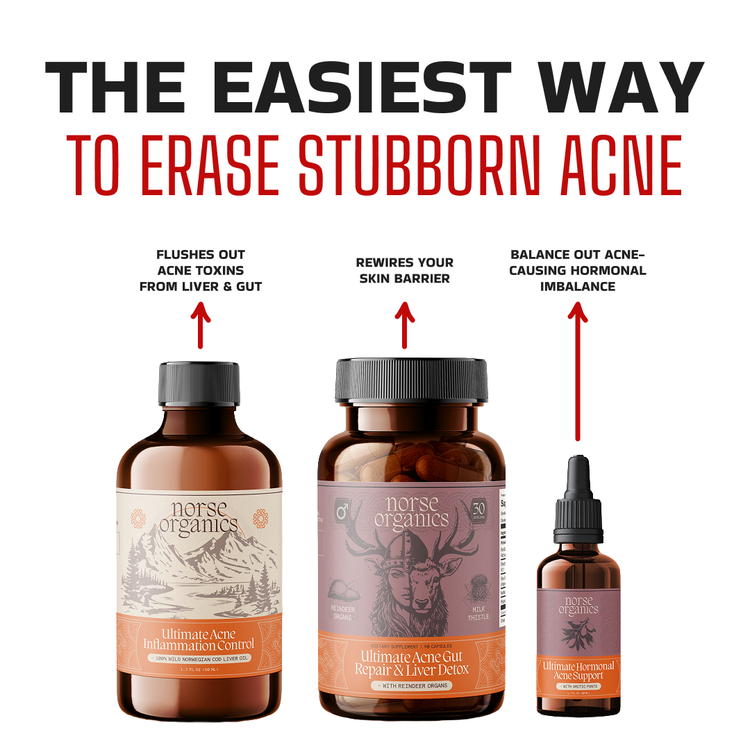 Three female gut repair system bottles with a graphic describing each product's role