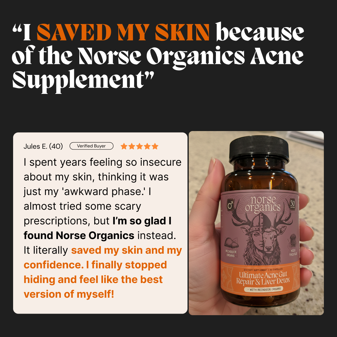 Customer testimonial holding the Reindeer Organs capsules from the female gut repair system