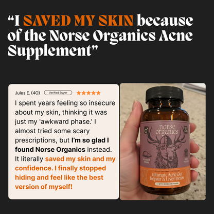 Customer testimonial holding the Reindeer Organs capsules from the female gut repair system